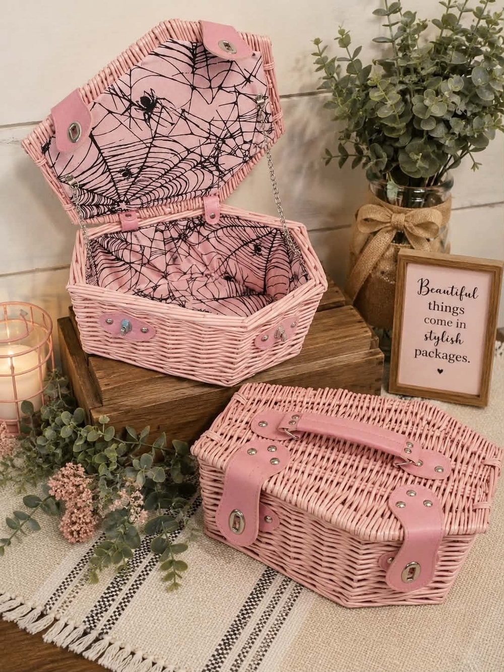 Pink Wicker Cosmetic Travel Case